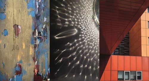 Collage aus drei Fotografien, die Oberflächenstrukturen, Architektur zeigen
