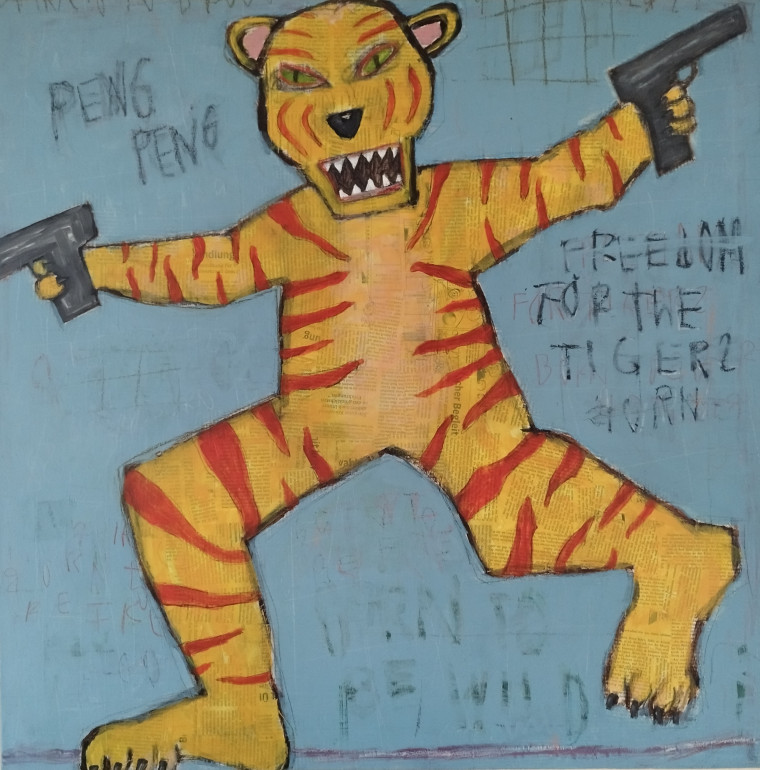 Freedom for the tigers,80x80 cm, Mischtechnik, 2023 &copy; Kornelia Kesel