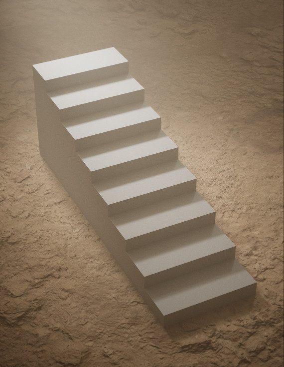 eine frei stehende Treppe, die ins Nirgendwo f&uuml;hrt und auf einer braunen Erde steht