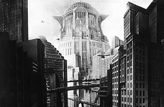 schwarz-weiß Foto mit Hochhäusern aus dem Film Metropolis von Fritz Lang
